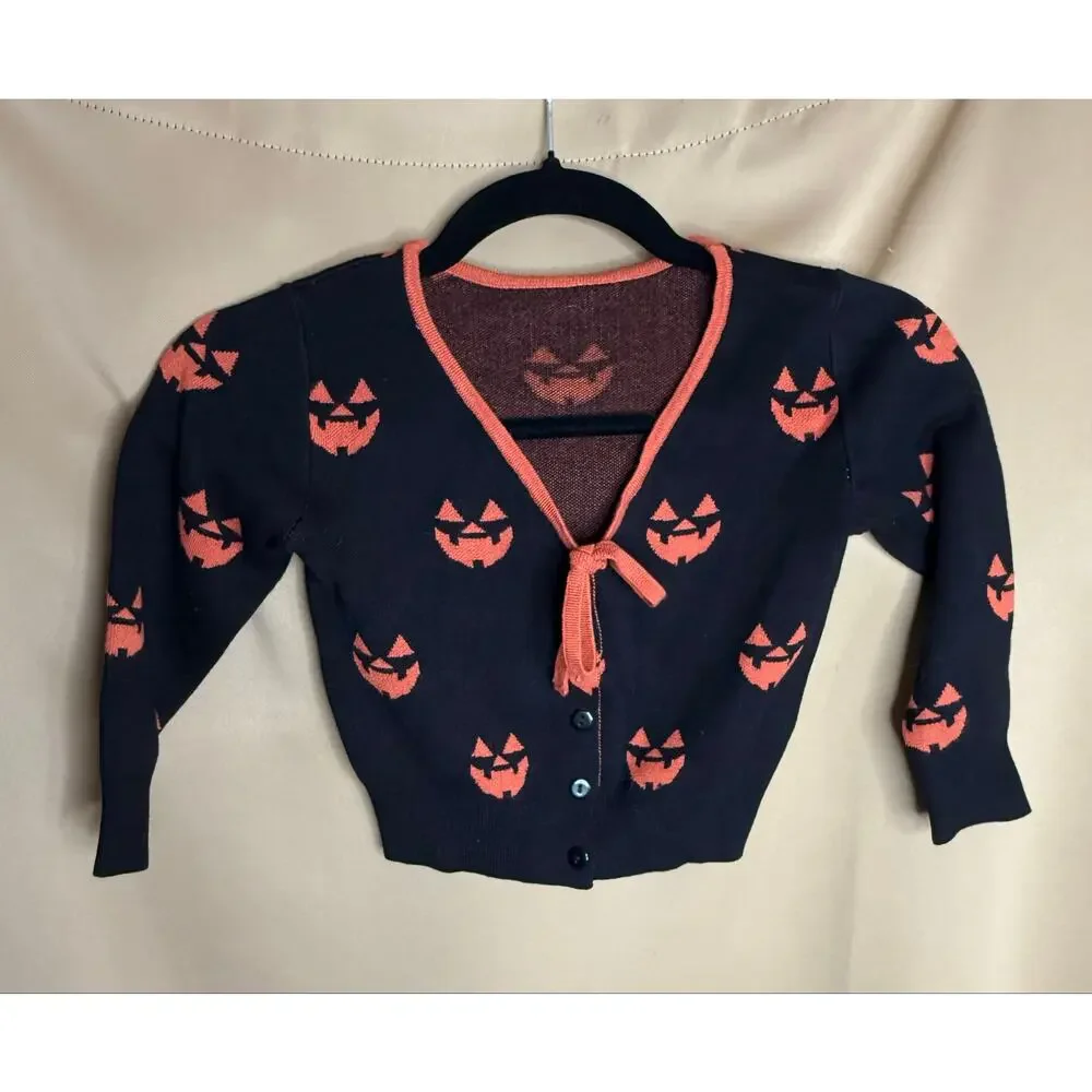 Unique Vintage Black Jack O Lantern Pumpkin Kids Crop Cardigan One Size NWOT